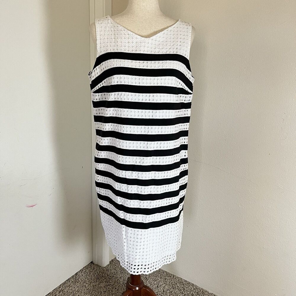 Lands End Women's White & Black Striped Eyelet Lace Dress Sz 12